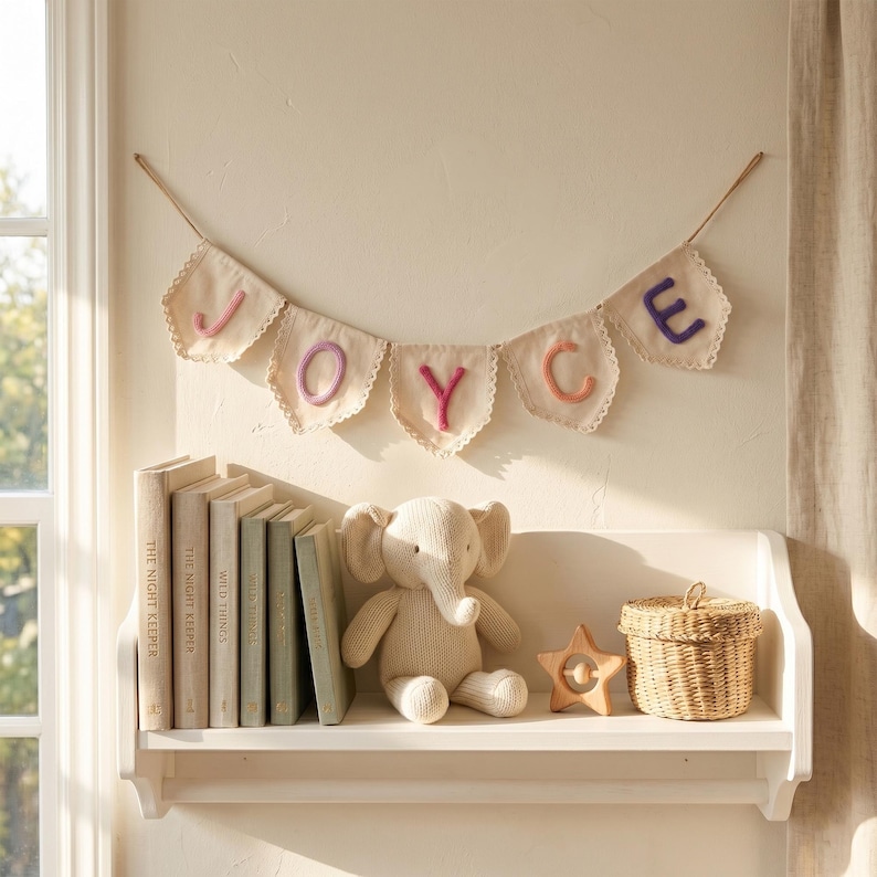 Personalized Lace Name Banner for Nursery Decor, Custom Handmade Yarn Letter Baby Name Bunting, Lace Nursery Wall Hanging, Baby Girl Decor