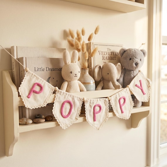 Custom Lace Name Banner for Baby Nursery, Handmade Yarn Letter Garland, Personalized Baby Girl Decor, Neutral Nursery Wall Hanging