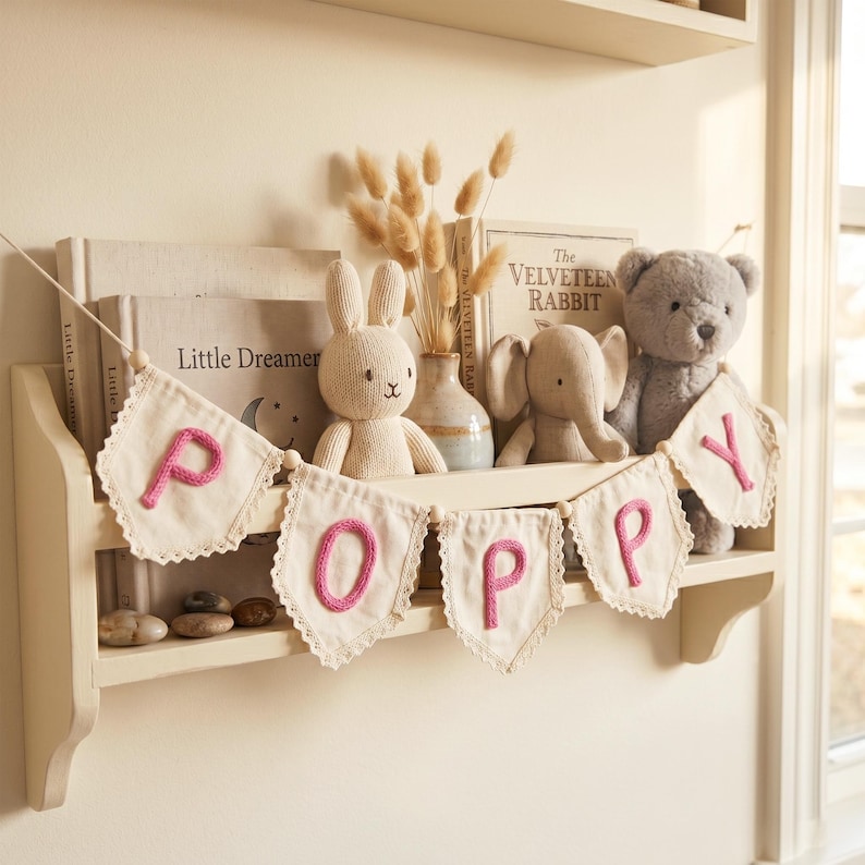 Personalized Lace Name Banner for Nursery Decor, Custom Handmade Yarn Letter Baby Name Bunting, Lace Nursery Wall Hanging, Baby Girl Decor