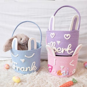 Benutzerdefinierte Name Osterhase Korb, personalisierte Osterkorb für Jungen und Mädchen, Baumwolle Seil Korb, Häschen Ohr Seil Korb, Baby-Dusche-Geschenke