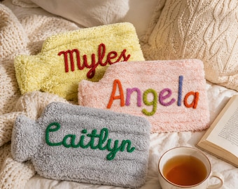 Personalized Hot Water Bottle, Hand-Stitched Yarn Name Cover, Cozy Plush Gift