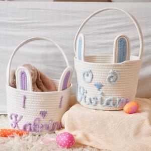 Kinderhasenkorb mit Namen, personalisierter Baumwollseil-Osternkorb für Babys, bestickter Osterhasenkorb, Babys erstes Ostern, Korbgeschenke