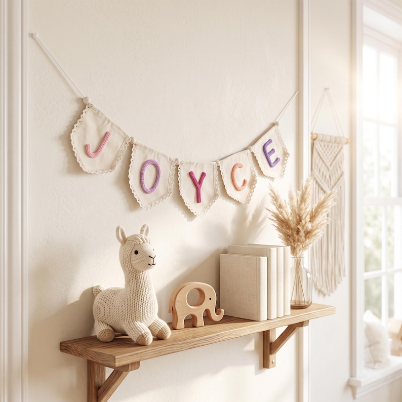 Personalized Lace Name Banner for Nursery Decor, Custom Handmade Yarn Letter Baby Name Bunting, Lace Nursery Wall Hanging, Baby Girl Decor