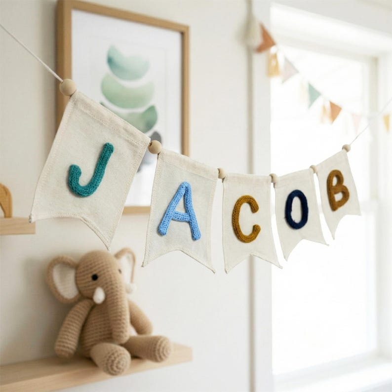 Personalized Baby Name Banner, Swallowtail Nursery Banner, Yarn Letter Flag, Custom Baby Name Sign, Neutral Boho Nursery Decor