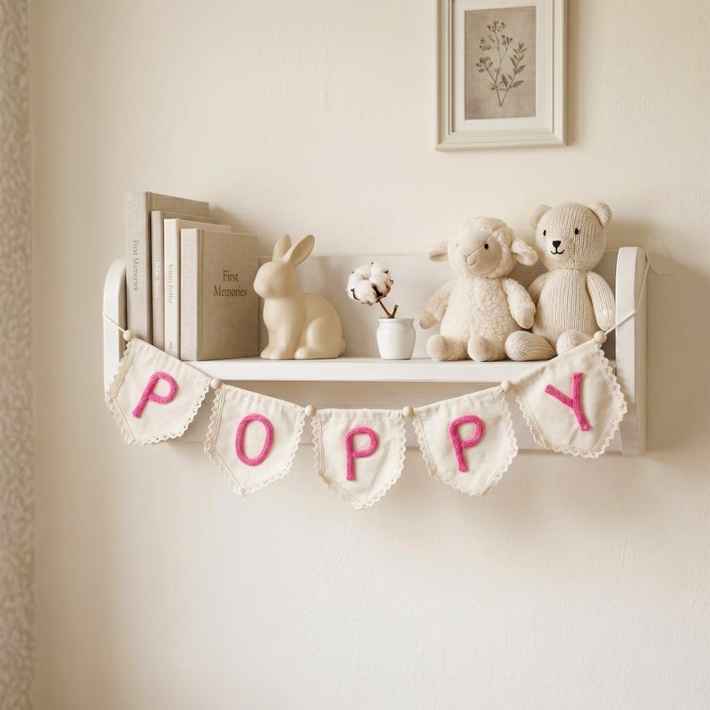 Personalized Lace Name Banner for Nursery Decor, Custom Handmade Yarn Letter Baby Name Bunting, Lace Nursery Wall Hanging, Baby Girl Decor