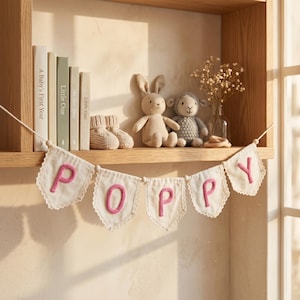 Personalized Lace Name Banner for Nursery Decor, Custom Handmade Yarn Letter Baby Name Bunting, Lace Nursery Wall Hanging, Baby Girl Decor