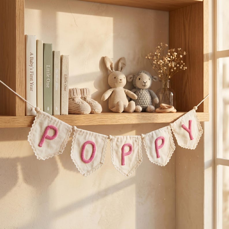 Personalized Lace Name Banner for Nursery Decor, Custom Handmade Yarn Letter Baby Name Bunting, Lace Nursery Wall Hanging, Baby Girl Decor