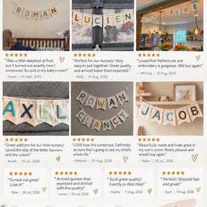 May include: A collection of fabric letter banners featuring names like Roman, Lucien, Axel, Rowan Clancy, and Jacob. Each banner consists of individual triangular pennants with embroidered letters in various colors, suspended on string for display.