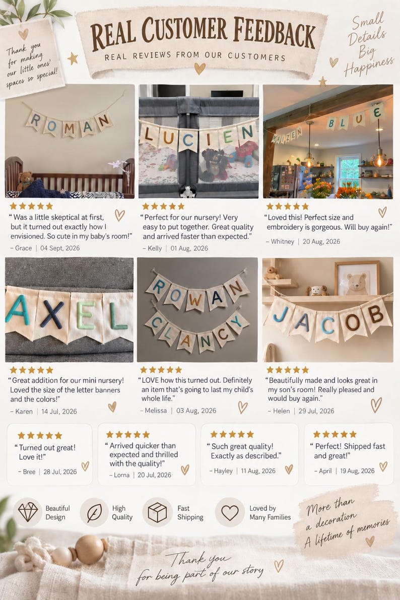 May include: A collection of fabric letter banners featuring names like Roman, Lucien, Axel, Rowan Clancy, and Jacob. Each banner consists of individual triangular pennants with embroidered letters in various colors, suspended on string for display.