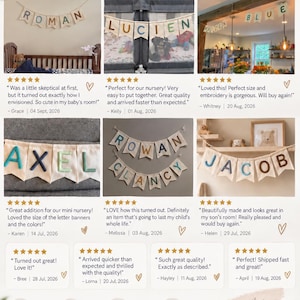 May include: A collection of fabric letter banners featuring names like Roman, Lucien, Axel, Rowan Clancy, and Jacob. Each banner consists of individual triangular pennants with embroidered letters in various colors, suspended on string for display.