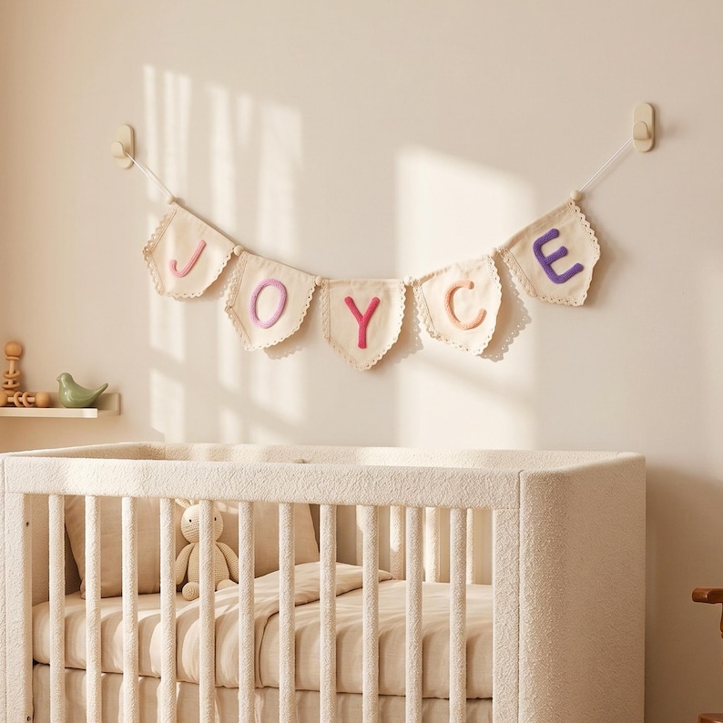 Personalized Lace Name Banner for Nursery Decor, Custom Handmade Yarn Letter Baby Name Bunting, Lace Nursery Wall Hanging, Baby Girl Decor