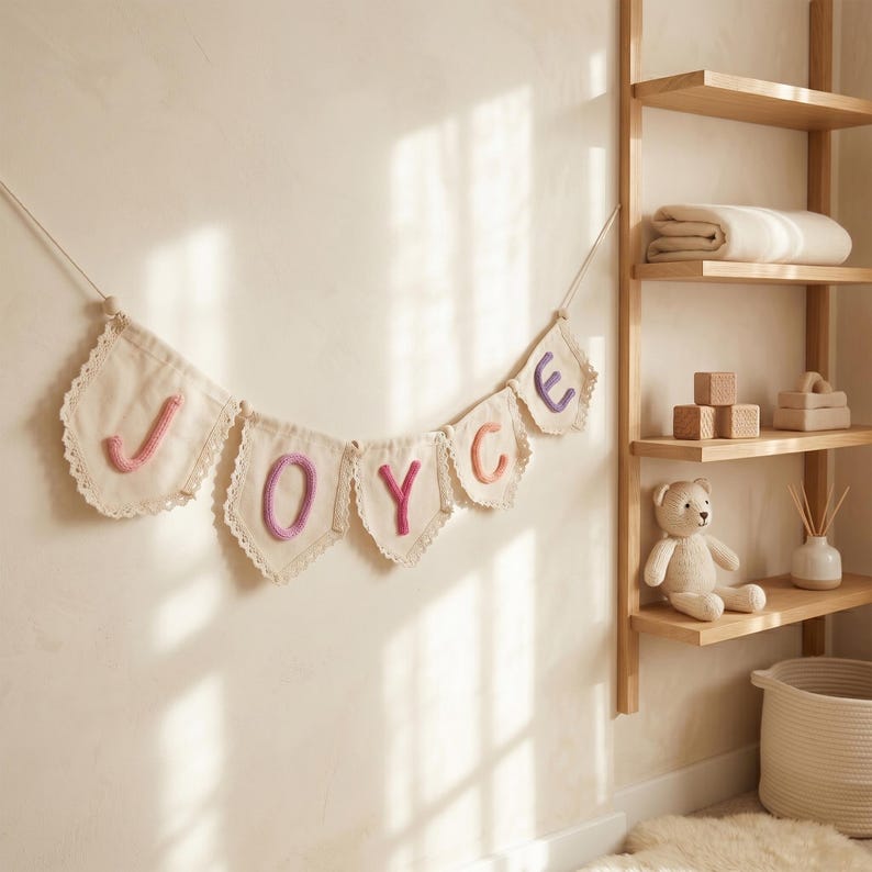 Personalized Lace Name Banner for Nursery Decor, Custom Handmade Yarn Letter Baby Name Bunting, Lace Nursery Wall Hanging, Baby Girl Decor