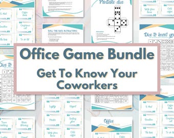 May include: An office game bundle with the text "Office Game Bundle Get To Know Your Coworkers." The image includes printable dice, game cards, and instructions. The color scheme is teal, yellow, and white.