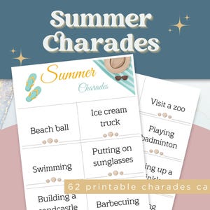 Summer Charades Game | 62 Printable Cards for Family & Friends | Fun Group Game for BBQ, Vacation, Parties | Instant Download