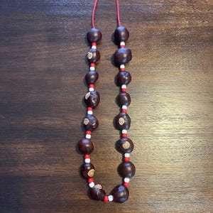 May include: A handmade necklace featuring large, dark brown beads, interspersed with small red and white beads. The necklace is strung on a red cord and is displayed against a dark wood surface. The beads appear to be natural.