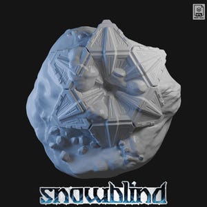 Puede incluir: Un modelo impreso en 3D de un orbe snowblind, un objeto geométrico blanco con un diseño complejo en forma de estrella. El orbe está parcialmente incrustado en una superficie rocosa.