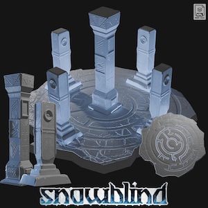 May include: A 3D printed model of a stone platform with six pillars, featuring a circular design with intricate details. The platform is surrounded by a cracked, icy surface. The text "snowblind" is printed below the platform.