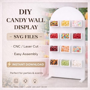 Puede incluir: Un expositor de pared de caramelos blanco con nueve estantes rectangulares llenos de caramelos de colores. El expositor tiene una parte superior arqueada y está etiquetado como "DIY CANDY WALL DISPLAY - SVG FILES - CNC / Laser Cut - Easy Assembly - INSTANT DOWNLOAD".