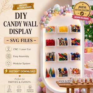 Op de afbeelding: Een wit boogvormig wanddisplay voor snoep met vijf niveaus aan planken met diverse kleurrijke items, bekroond met een pastelkleurige ballonnenboog. Tekst bevat DIY CANDY WALL DISPLAY, SVG FILES, INSTANT DOWNLOAD en 200 cm bij 95 cm.