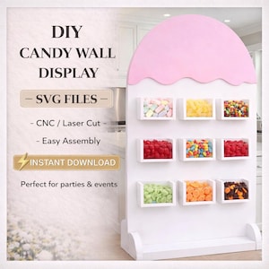 Puede incluir: Un expositor de pared de caramelos blanco con una parte superior rosa y nueve cubículos blancos llenos de caramelos de colores. El texto en la pantalla dice "DIY CANDY WALL DISPLAY - SVG FILES - CNC / Laser Cut - Easy Assembly - INSTANT DOWNLOAD".