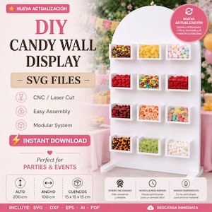 Puede incluir: Un expositor de pared para dulces en forma de arco blanco con doce recipientes cuadrados llenos de varios dulces coloridos. El expositor incluye texto como DIY CANDY WALL DISPLAY, SVG FILES, CNC / Laser Cut, Easy Assembly, Modular System, y dimensiones de 200 cm de alto, 100 cm de ancho y recipientes de 15 x 15 x 15 cm.