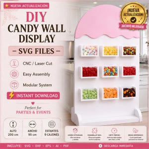 Puede incluir: Un expositor de pared para dulces DIY blanco con una parte superior festoneada rosa y nueve estantes rectangulares pequeños con varios dulces coloridos. El expositor muestra texto como DIY CANDY WALL DISPLAY, SVG FILES y medidas de 200 cm por 95 cm.