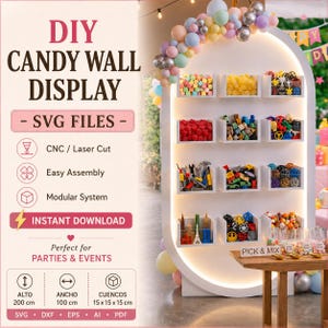 Puede incluir: Un expositor de pared de caramelos DIY con el texto "DIY CANDY WALL DISPLAY - SVG FILES - INSTANT DOWNLOAD". La pantalla incluye estantes blancos llenos de caramelos y juguetes pequeños. La pantalla mide 200 cm de alto, 100 cm de ancho y los estantes miden 15 x 15 x 15 cm.