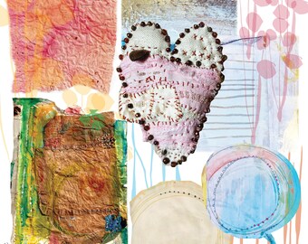 Stitched Heart, layered papers, painting bits Instant Download - Journals, Paper lovers, Scrapbooking, Mixed Media Art