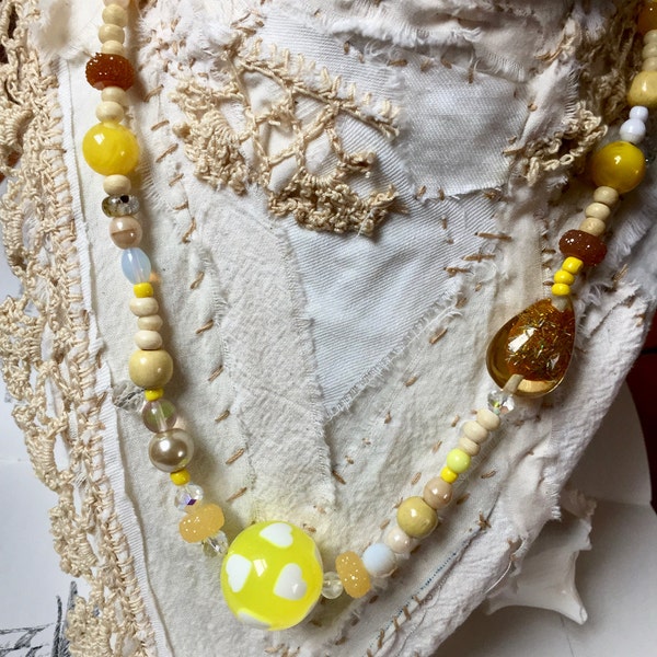 Sunshine vintage yellows, owls, buddha beads, handmade necklace.