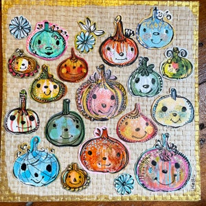 Pumpkins 17 total Original Painting on woven vintage wallpaper - Ready to Frame