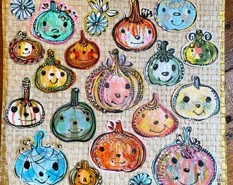 Pumpkins 17 total Original Painting on woven vintage wallpaper - Ready to Frame