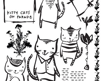 Kitty Cats on Parade - Illustrations - Instant Download - Journals, Scrapbooks, Collage Art