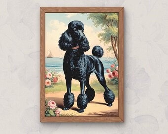 May include: A framed vintage-style print featuring a black poodle standing in a garden setting. The poodle has a neatly groomed coat and a brown collar. The background includes a seascape with sailboats, flowers, and trees.