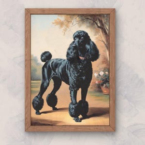 May include: A framed painting depicting a black standard poodle standing in a garden setting. The poodle is in profile, looking to the right, with its tail curled over its back. The background features a lush green lawn, trees, and flowers.