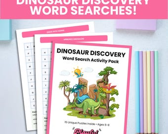 May include: A pink-framed "Dinosaur Discovery" word search activity pack with a dinosaur illustration, word search sheets, and pastel pencils. The pack contains 15 puzzles for ages 6-8.