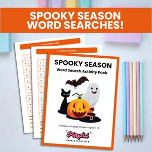 Puede incluir: Un paquete de actividades de búsqueda de palabras con temática de Halloween con una ilustración de gato negro, fantasma y calabaza. La portada dice "Spooky Season Word Search Activity Pack". Lápices pastel a la derecha.