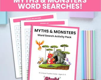 May include: A pink-framed "Myths & Monsters" word search activity pack with a dragon illustration, accompanied by pencils and word search sheets. The cover reads "15 Unique Puzzles Inside Ages 6-8" and "Playful Prints & Puzzles".