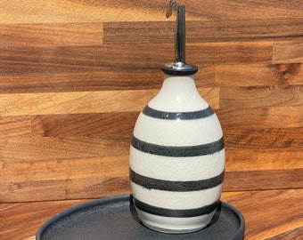 Petite Black and White Striped Minimalist Modern Porcelain Oil Dispenser Cruet