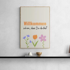 Bienvenido impresión DIGITAL beige naranja cita imprimible floral pared arte optimista cita alemana agradable que estás aquí cartel botánico