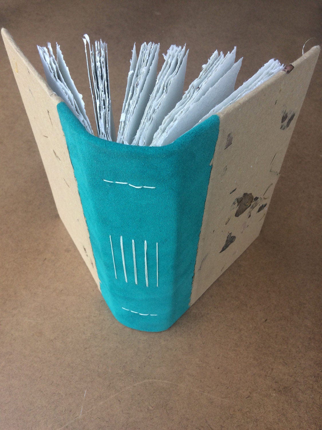 Large brown and teal leather journal, recycled paper journal, wedding