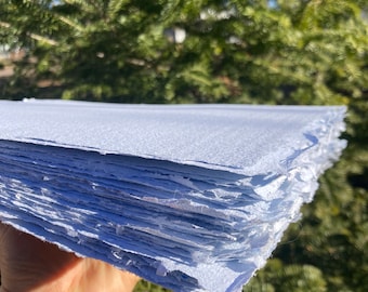 10 sheets 8.5x11 inch pale blue recycled handmade paper, blue paper, mixed pack, dry media
