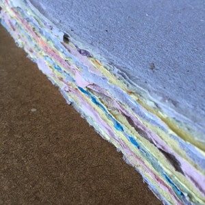 May include: A stack of handmade paper with layers of different colors, including blue, yellow, pink, and green. The paper is textured and has a rustic look.