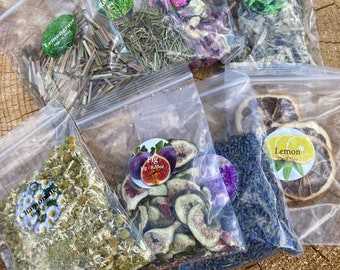Dried herbs and fruits for papermaking, candles, dried lemon, lemongrass, rosemary, wormwood, dried fig, violet, chamomile, lavender
