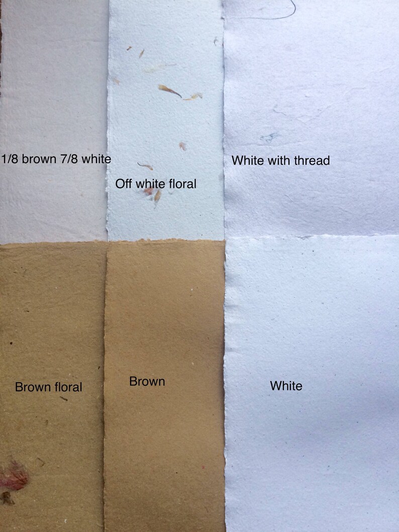 Pu&ograve; includere: Sei campioni di carta diversi, ognuno con una texture e un colore diversi. I campioni sono etichettati "1/8 marrone 7/8 bianco", "Bianco sporco floreale", "Bianco con filo", "Marrone floreale", "Marrone" e "Bianco".