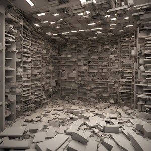 May include: A white, abstract, geometric structure resembling a room with a ceiling made of many overlapping, rectangular panels. The floor is covered in white, broken pieces of the structure.