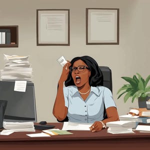 Op de afbeelding: Een vrouw met een bril en een blauw shirt zit aan een bureau met veel papierwerk. Ze kijkt omhoog en heeft een verraste uitdrukking op haar gezicht.