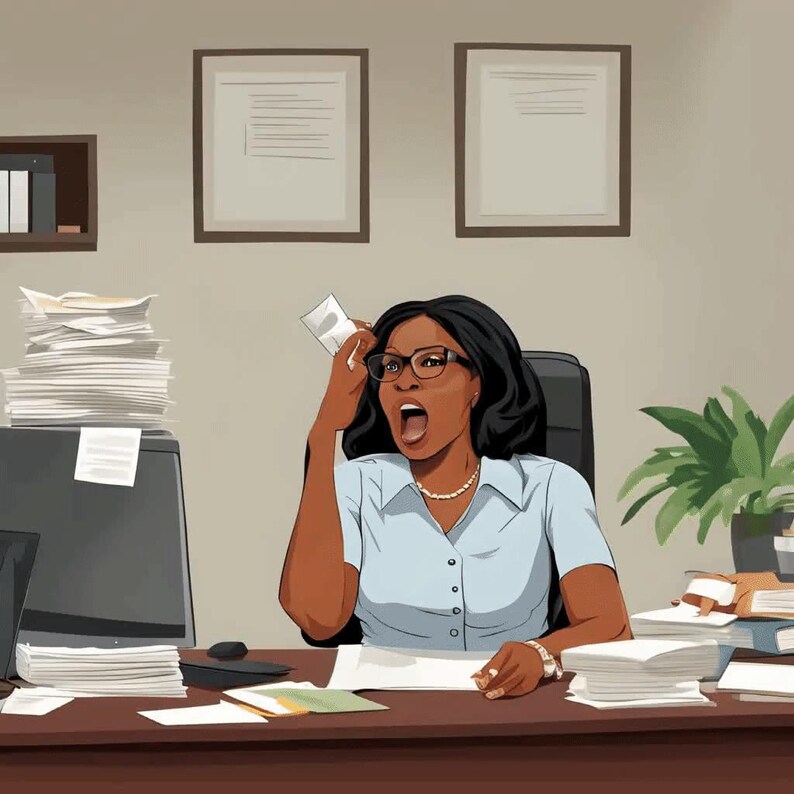 Op de afbeelding: Een vrouw met een bril en een blauw shirt zit aan een bureau met veel papierwerk. Ze kijkt omhoog en heeft een verraste uitdrukking op haar gezicht.