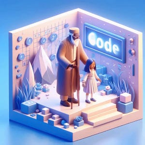 Pode incluir: Uma ilustra&ccedil;&atilde;o 3D de uma cena com um homem e uma menina em p&eacute; em uma plataforma. O homem est&aacute; vestindo uma t&uacute;nica marrom e um chap&eacute;u. A menina est&aacute; vestindo um vestido branco. A cena se passa em um quarto com uma parede azul e uma placa que diz "c&oacute;digo".