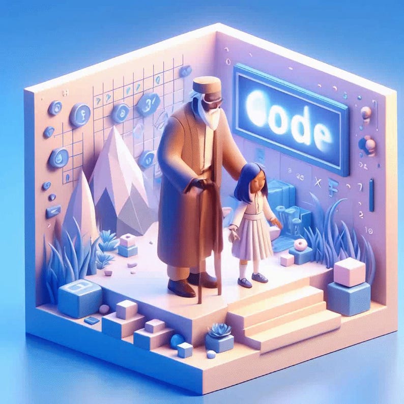 Pode incluir: Uma ilustra&ccedil;&atilde;o 3D de uma cena com um homem e uma menina em p&eacute; em uma plataforma. O homem est&aacute; vestindo uma t&uacute;nica marrom e um chap&eacute;u. A menina est&aacute; vestindo um vestido branco. A cena se passa em um quarto com uma parede azul e uma placa que diz "c&oacute;digo".