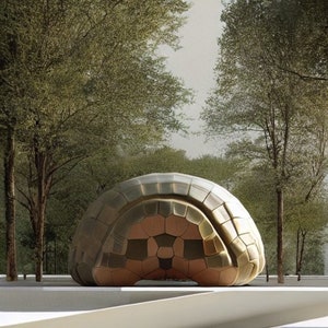 May include: A large, golden, dome-shaped structure with a geometric pattern, resembling a turtle shell, is situated in a forest setting.